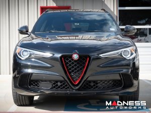 Alfa Romeo Stelvio Front V Shield Grill Frame + Emblem Frame Kit - Carbon Fiber - Red Candy - QV Model